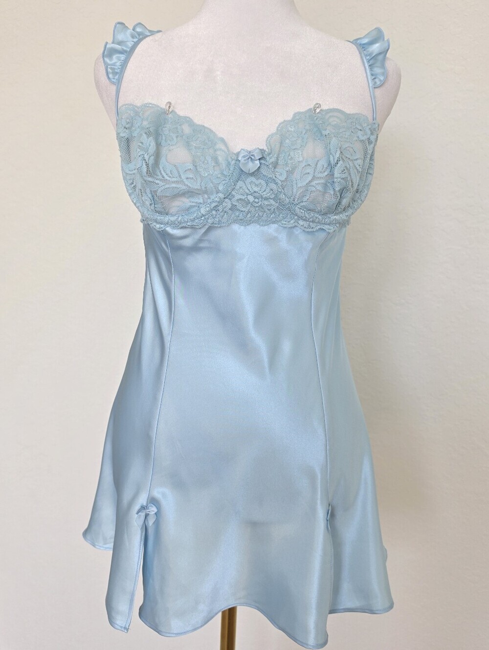 Vintage Frederick's of Hollywood Baby Blue Satin Lace Chemise Slip Dress Y2K M